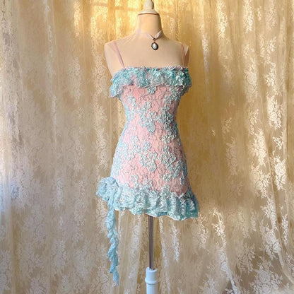 Ballerina Princess Baby Blue & Pink Lace Ruffled Mini Dress