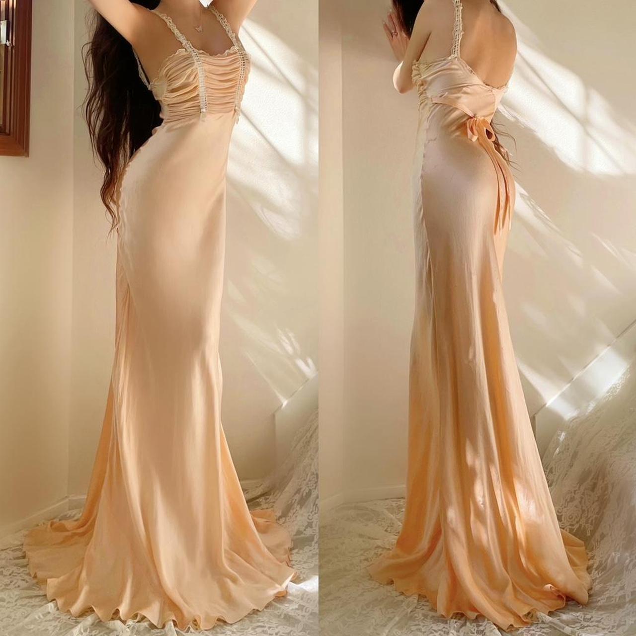 1930s antique soft peach/apricot romantic silk bias cut lingerie gown