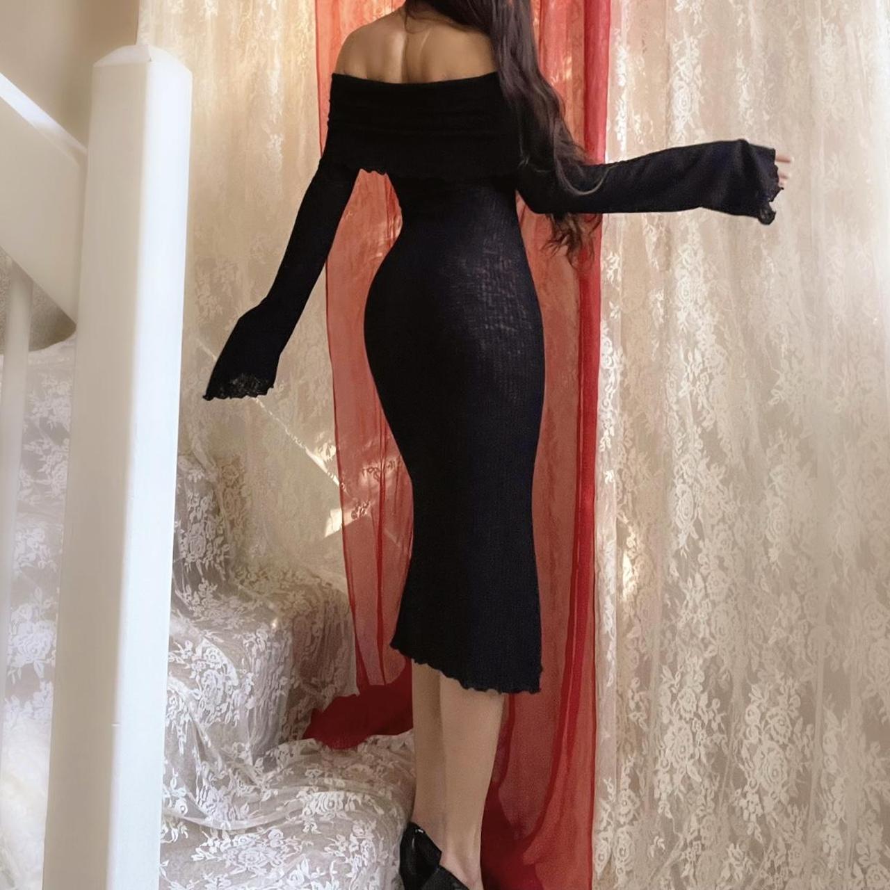 Black Ribbed Off the Shoulder Angel Sleeve Midi Dress (Pre-Order)