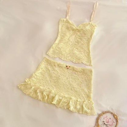 Pale Yellow Sparkly Cami + Ruffle Mini Skirt Matching Set