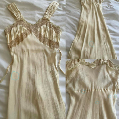 1920s antique champagne/nude liquid satin & lace bias cut lingerie gown