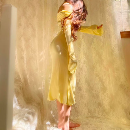 Aphrodite’s Angel Pale Yellow Off the Shoulder Mermaid Midi Dress