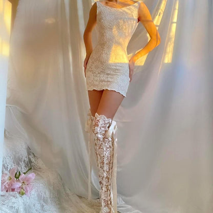 White Crochet Lace Bateau Neck Ultra Mini Dress