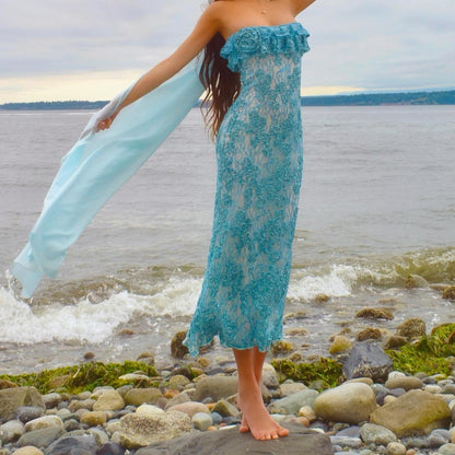 Baby Blue/White Sparkly Lace Mermaid Midi Dress