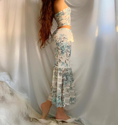 Blue/White Floral Soft Knit Crop Top + Mermaid Midi Skirt Matching Set