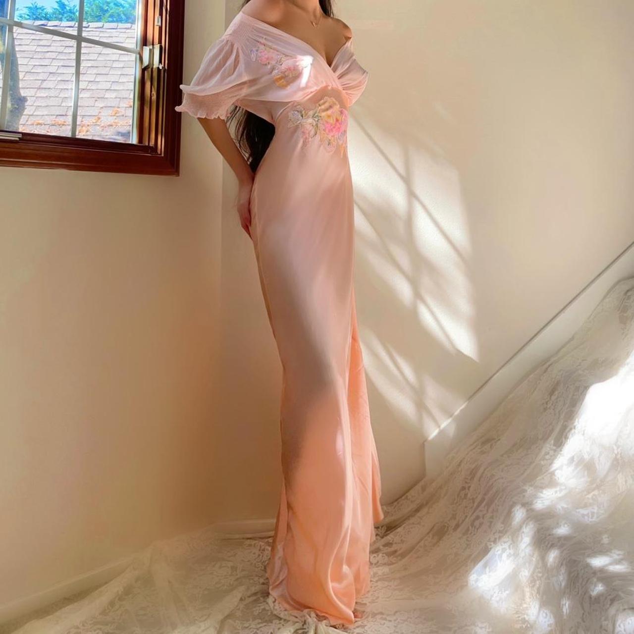 1930s antique peachy baby pink floral ruffle sleeve bias cut lingerie gown