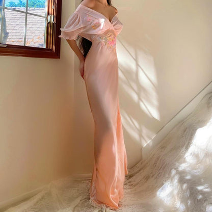 1930s antique peachy baby pink floral ruffle sleeve bias cut lingerie gown