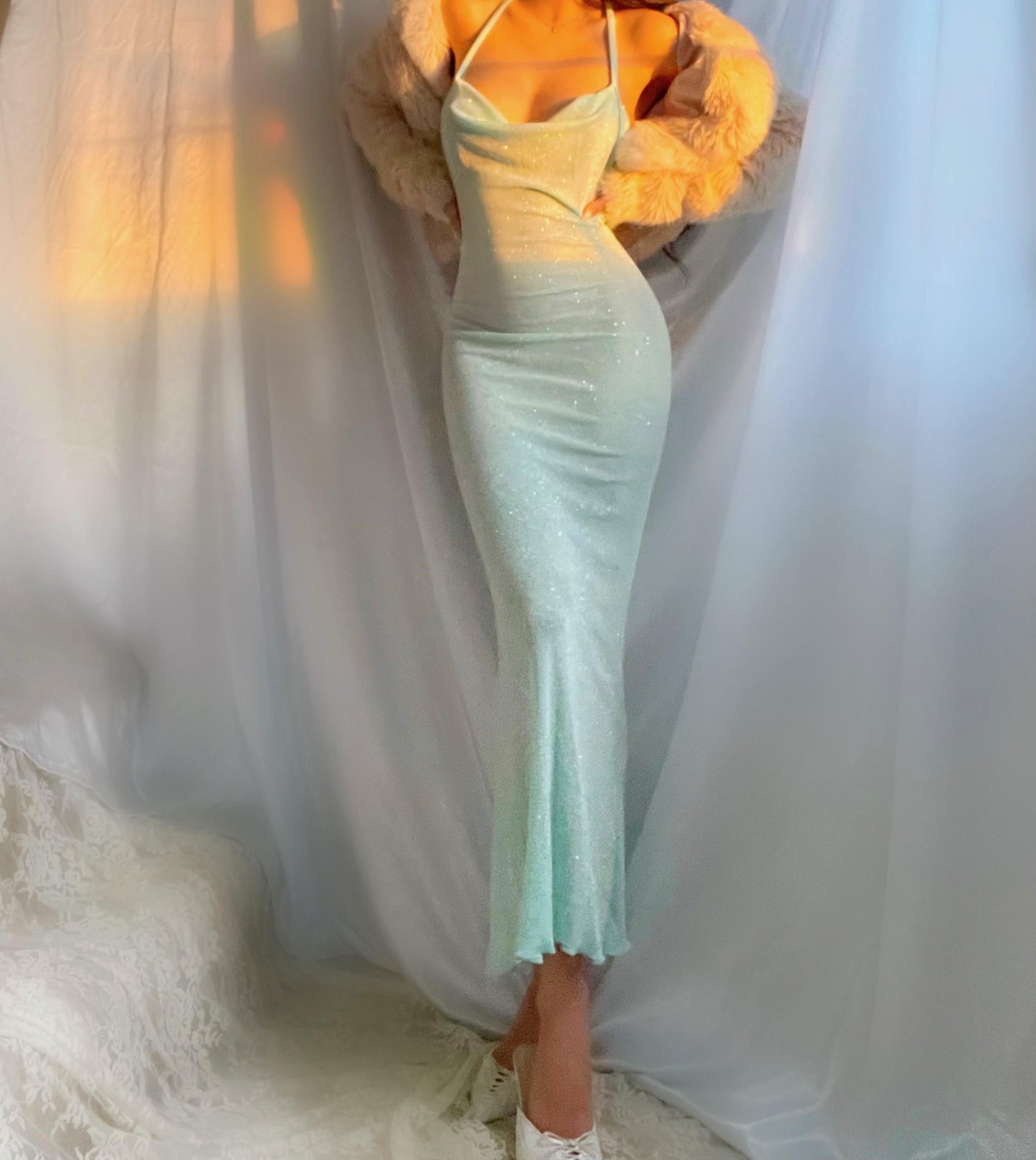 Minty Sea Green Sparkly Cowl Mermaid Maxi Dress (Made to Order)