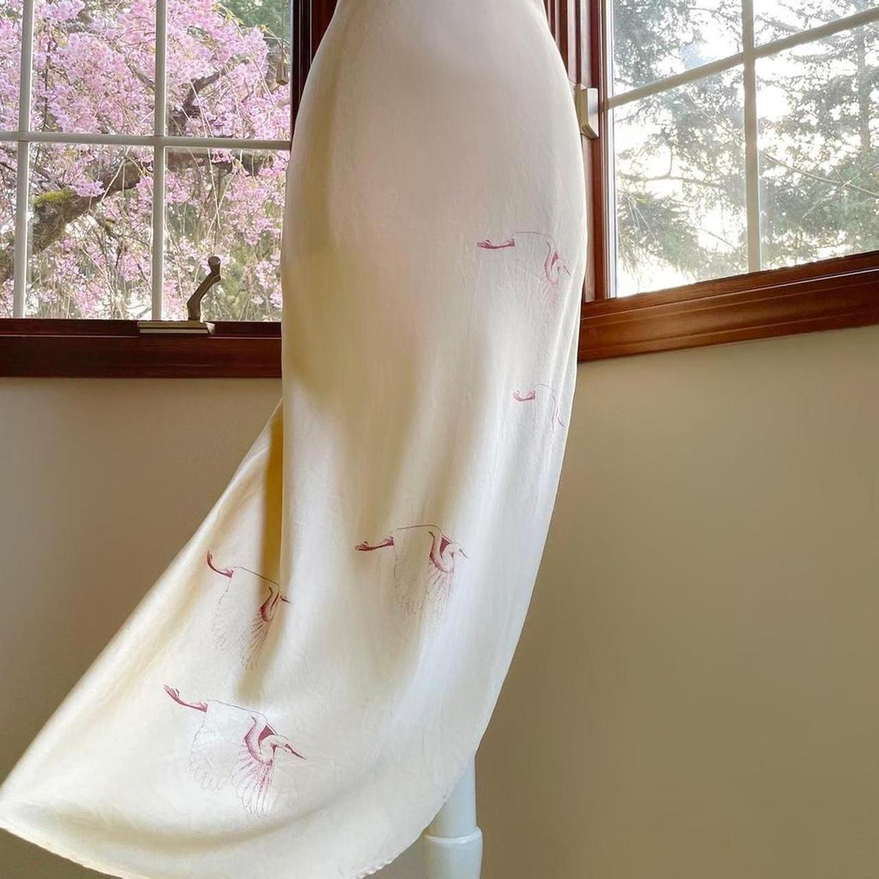 1970s vintage Nightingale champagne nude silk bias cut crane print lingerie slip dress