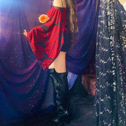 Red Velvet Rose & Black Draped Batwing Sleeve Mini Dress