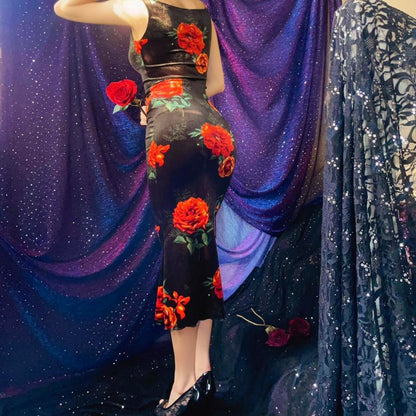 Black & Orange Roses Velvet Bateau Neck Midi Dress