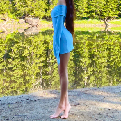 Aphrodite’s Angel Baby Blue Off the Shoulder Angel Sleeve Mini Dress