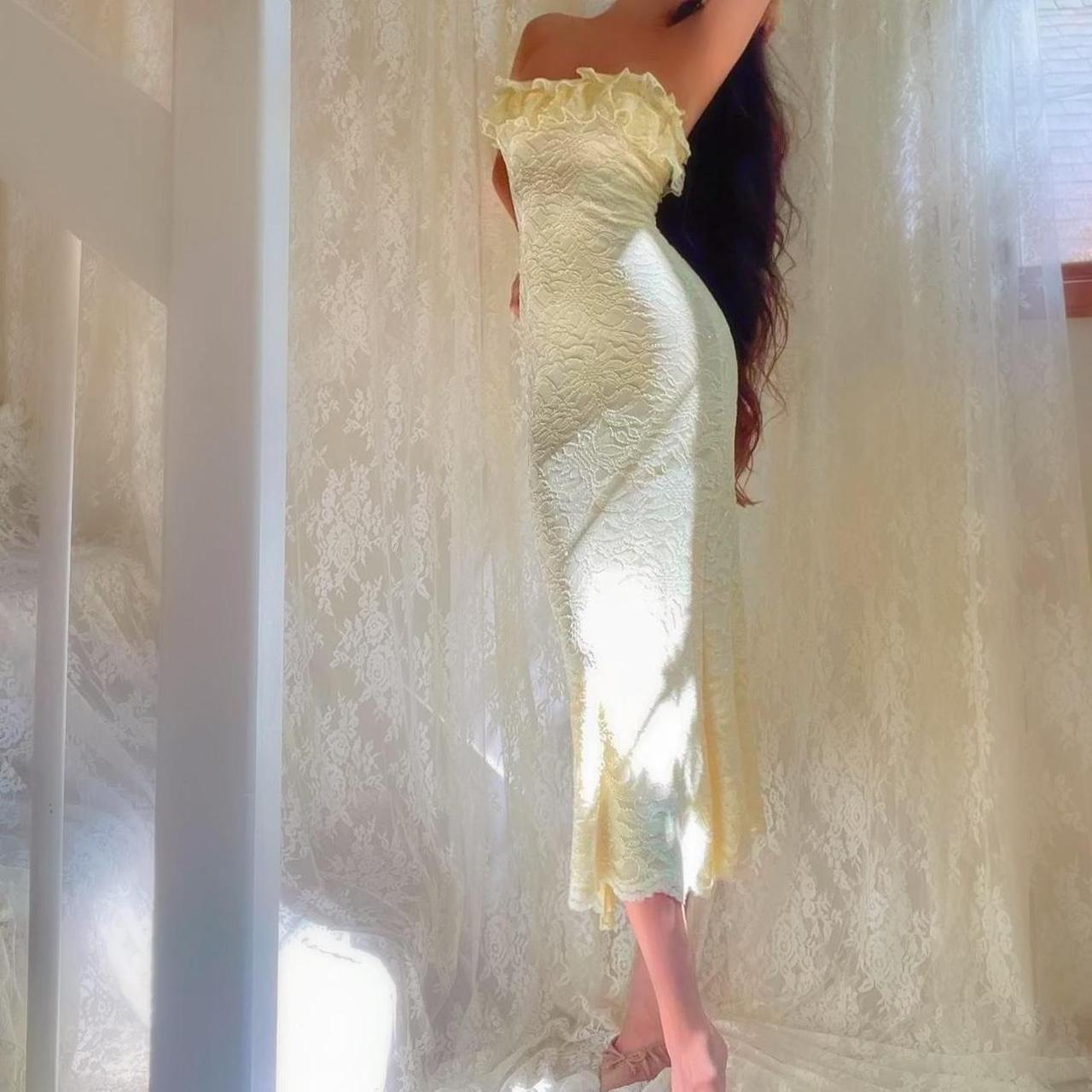 Pale Yellow Sparkly Lace Ruffle Strapless Midi Dress