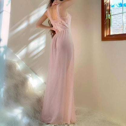 1940s vintage baby pink ruffled nylon ballerina lingerie maxi dress