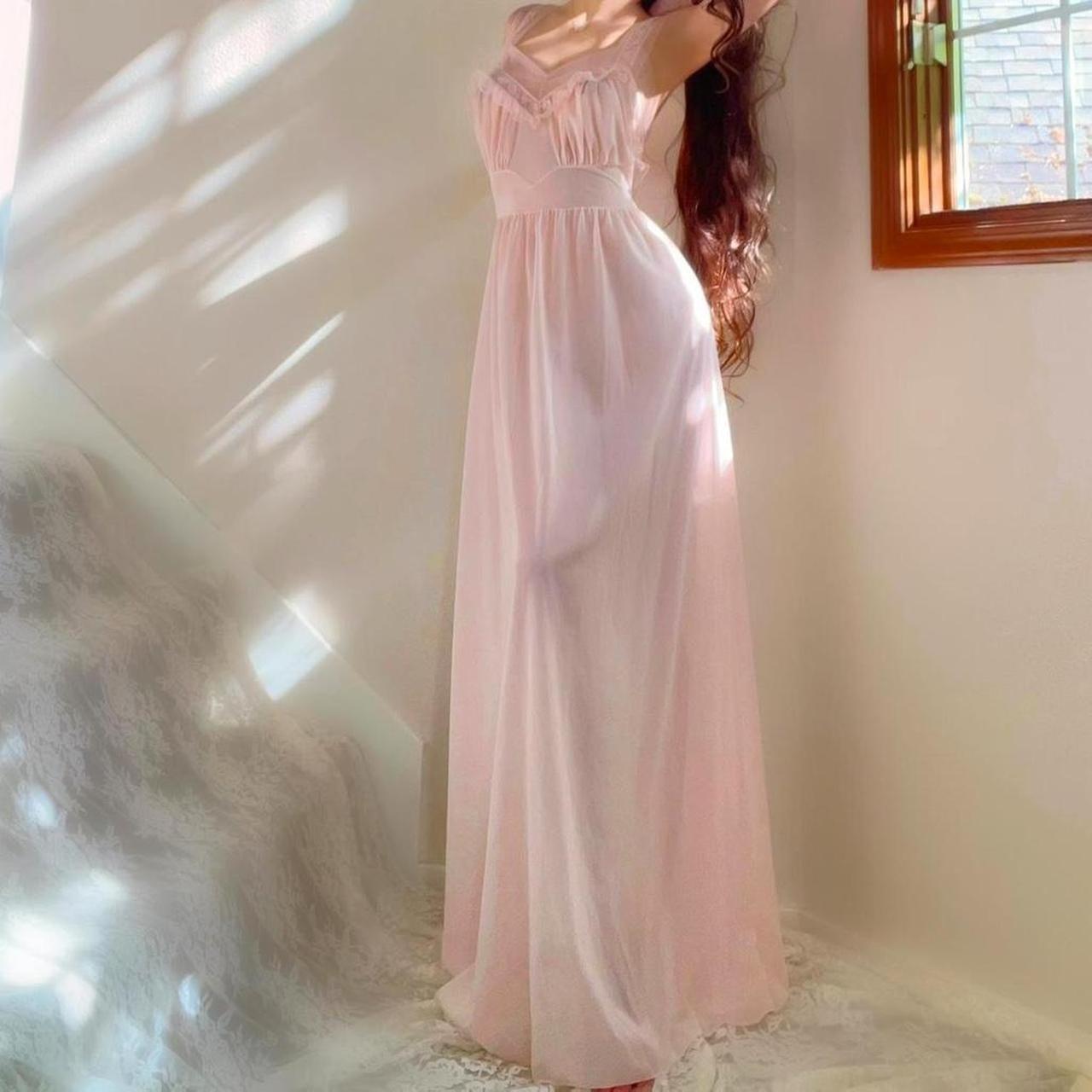 1940s vintage baby pink ruffled nylon ballerina lingerie maxi dress