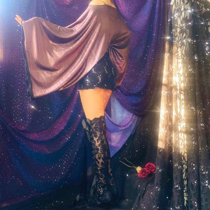 Metallic Mauve/Black Sparkly Lace Draped Batwing Mini Dress