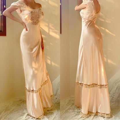 1930s antique palest peach/pink lace bias cut lingerie gown